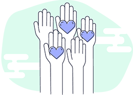 Raised hands with blue coloured hearts on it.