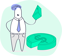 Male employee having a pie piece from a dollar.